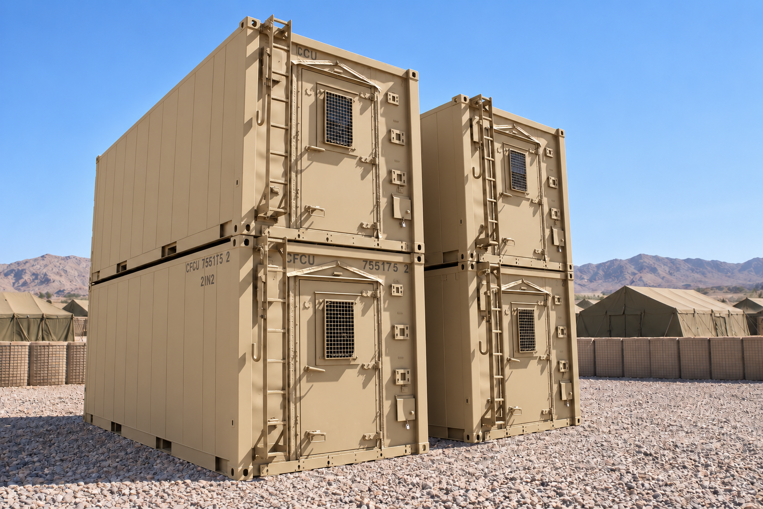 Desert-tan shelter systems in an illustrative field-base setting