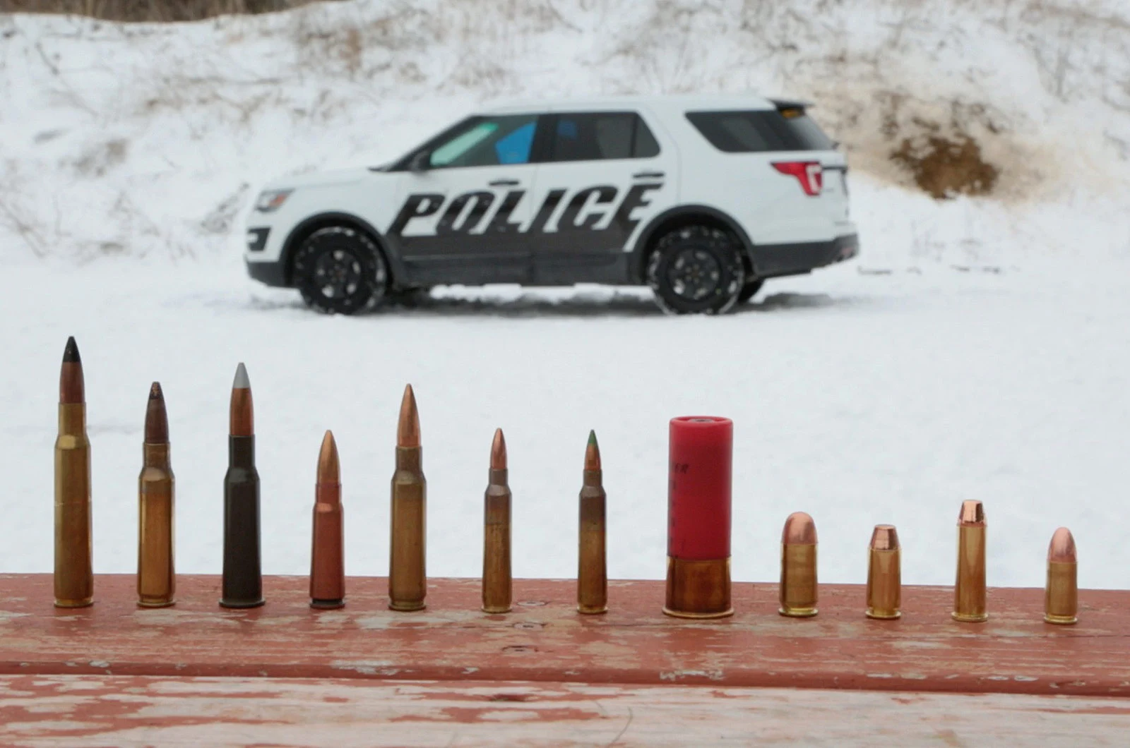 Police vehicle and ammunition display at a demonstration